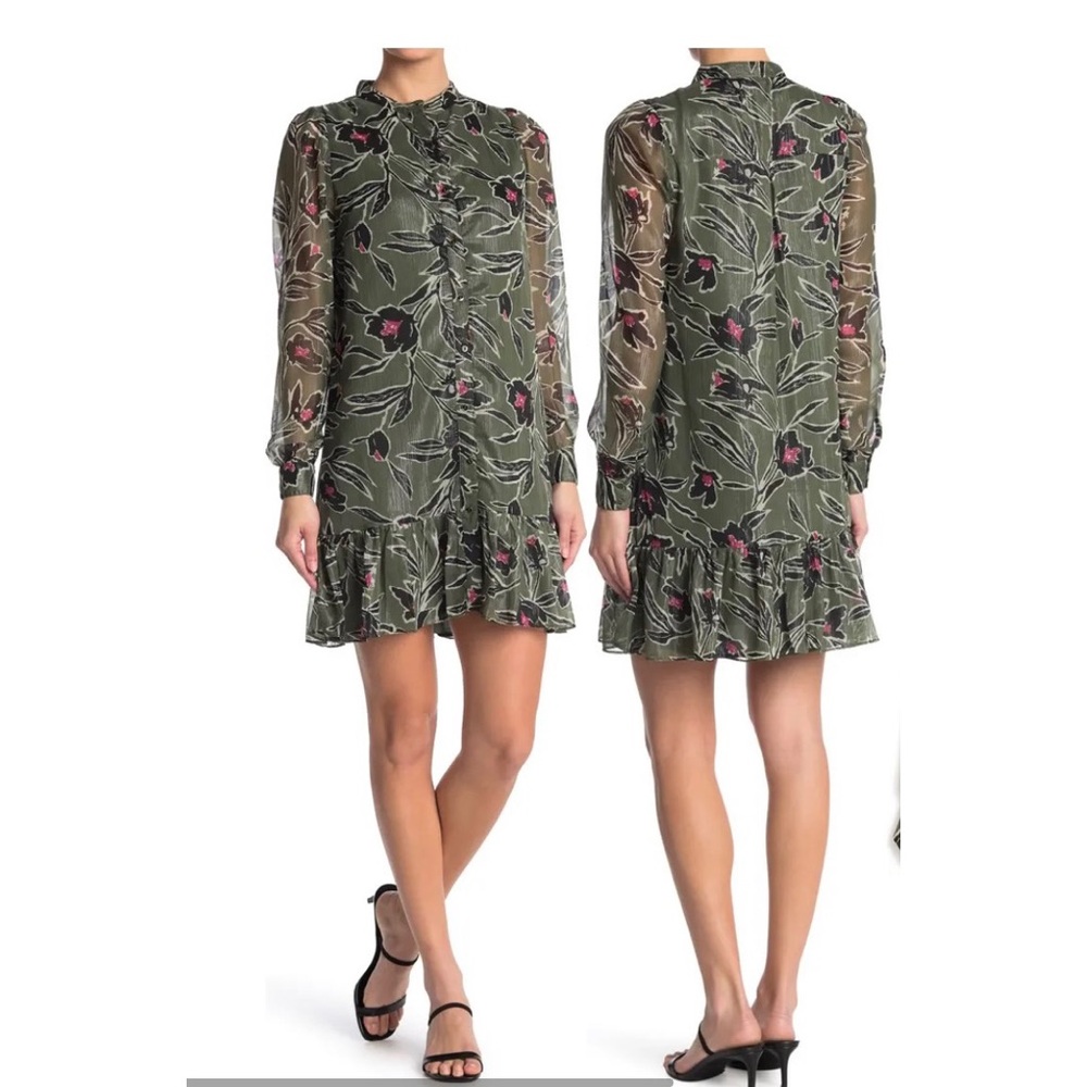 Walter Baker Heidi Floral Metallic Ruffled Shirt Dress